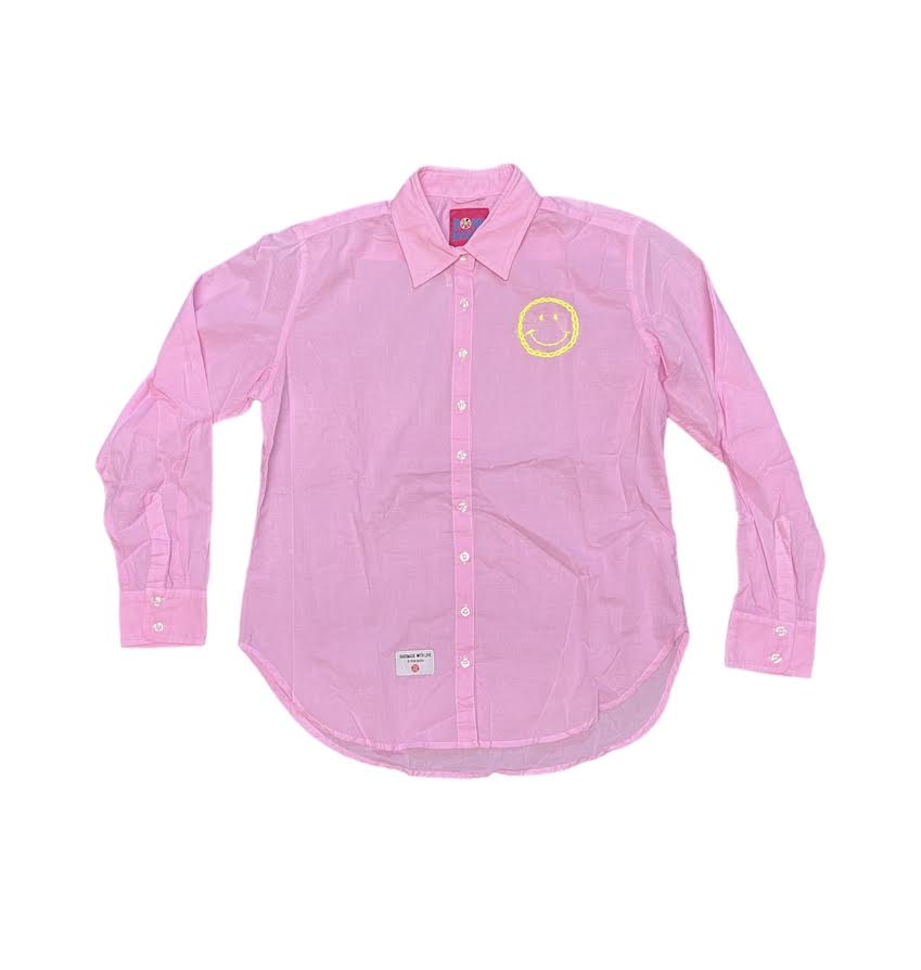 PINK BUTTON DOWN WITH NEON YELLOW SMILEY