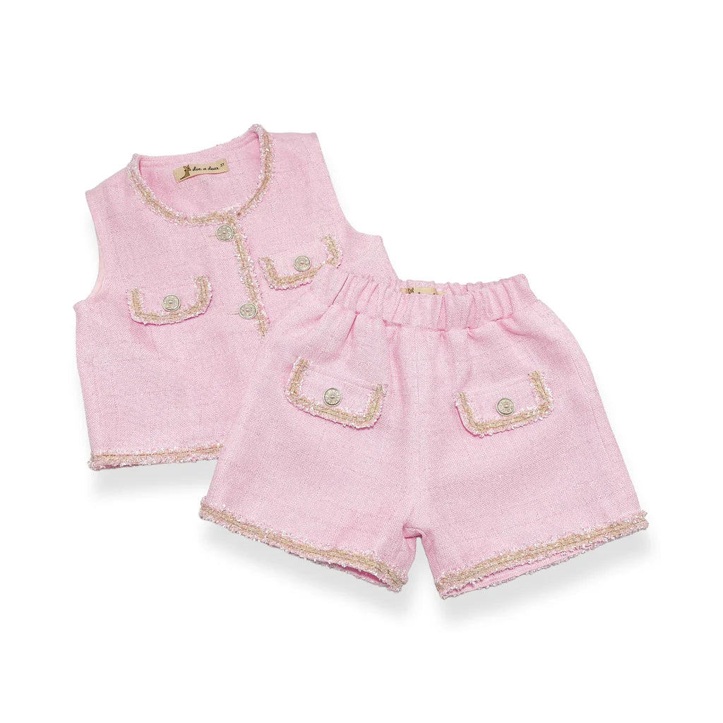 PINK BUTTON VEST AND TWEED SHORTS SET
