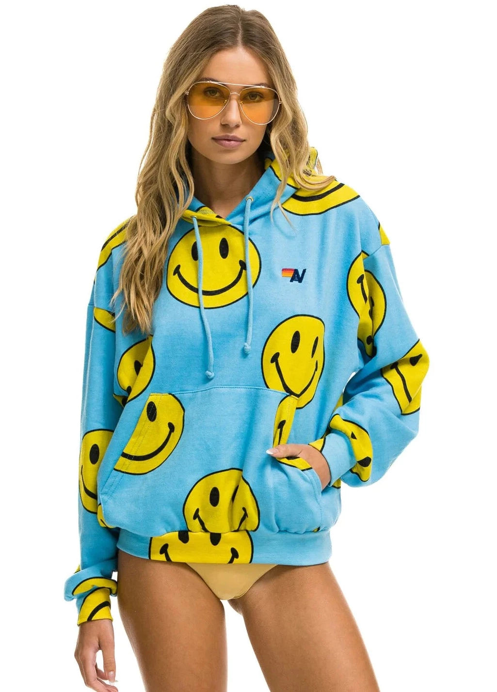 AVIATOR NATION WOMENS SMILEY REPEAT RELAXED PULLOVER HOODIE - SKY BLUE