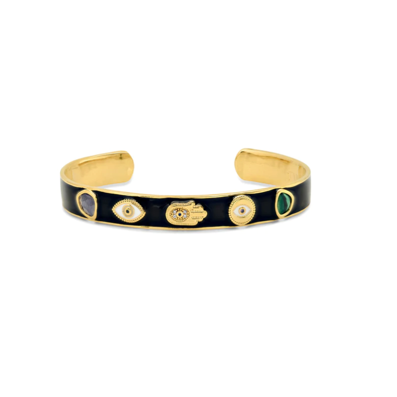 BLACK ENAMEL EVIL EYE HAMSA CUFF BRACELET Kitson LA