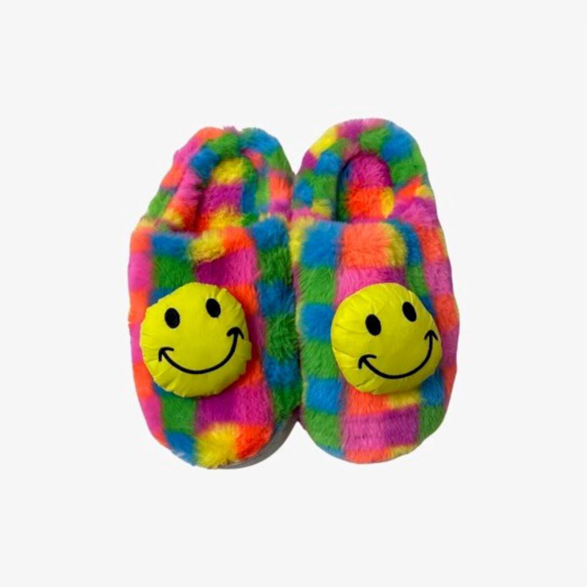 GIRLS RAINBOW CHECKERED SMILEY FACE SLIPPERS