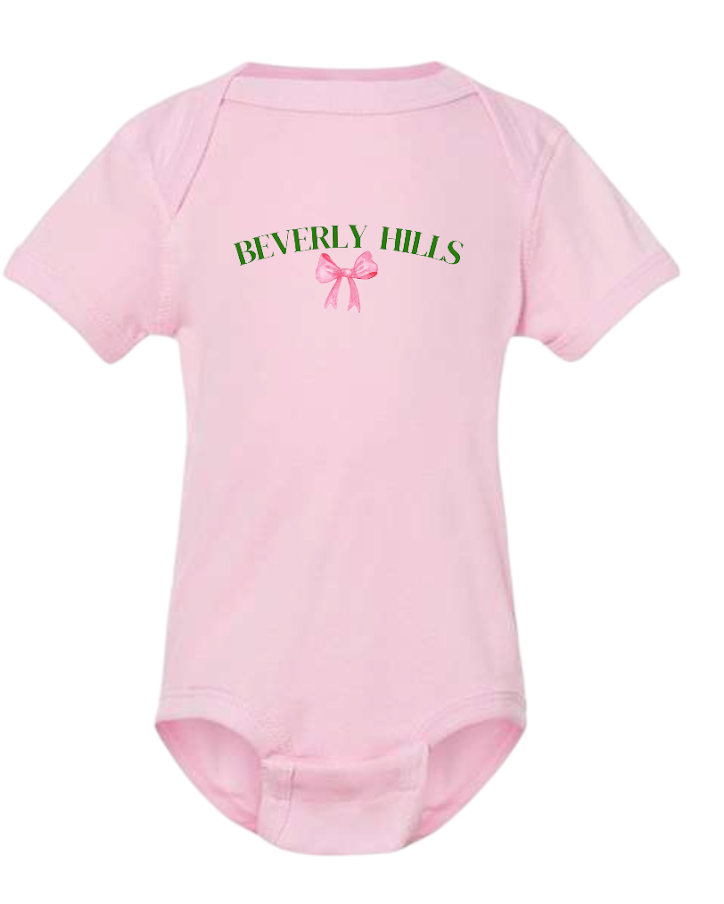 BABY GIRL BEVERLY HILLS BOW PINK ONESIE