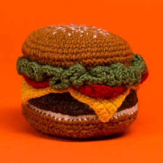 HAND KNIT HAMBURGER DOG TOY