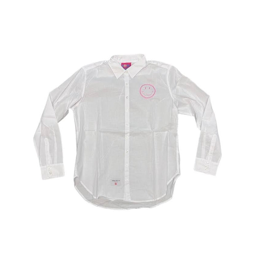 WHITE BUTTON DOWN WITH NEON PINK SMILEY