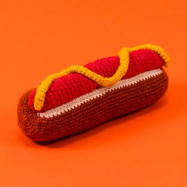 HAND KNIT HOT DOG - DOG TOY
