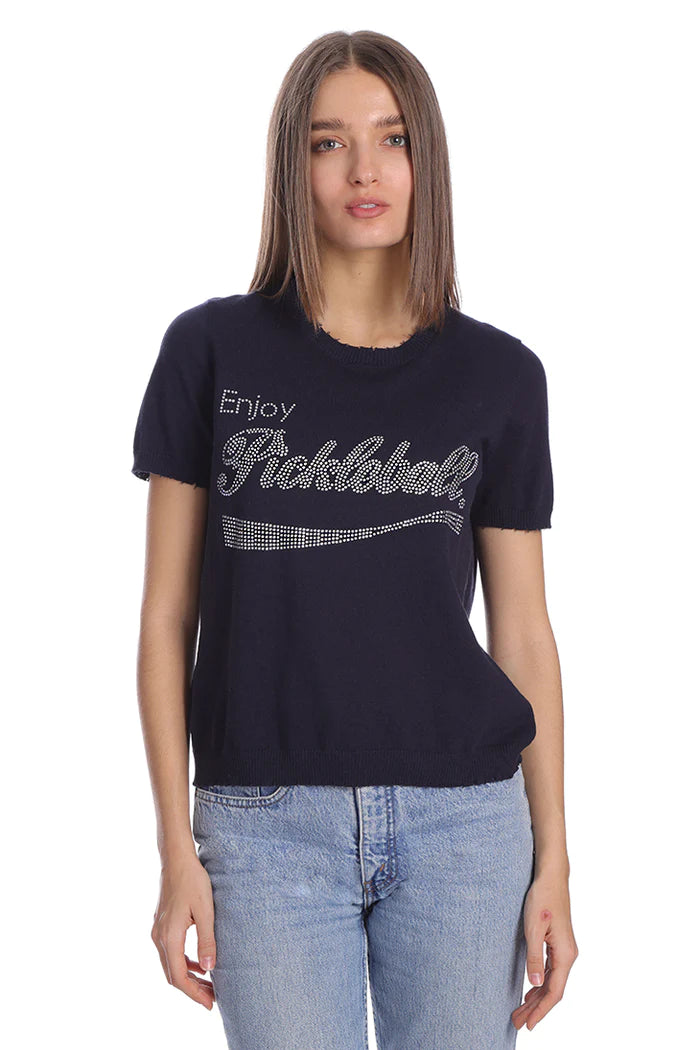 COTTON CASHMERE ENJOY PICKLEBALL BLING FRAYED NAVY SWEATER TEE