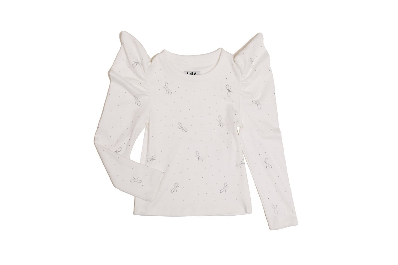 GIRLS BOW PUFF SLEEVE WHITE TOP