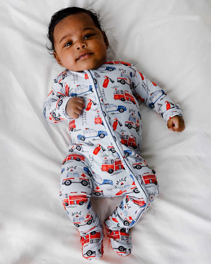 BABY BOY FIRETRUCKS ZIPPERED FOOTIE