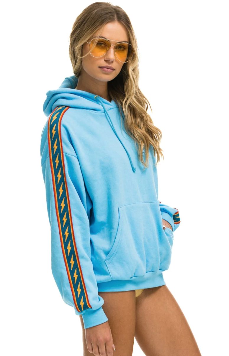 AVIATOR NATION WOMENS BOLT STRIPE RELAXED PULLOVER HOODIE - SKY BLUE