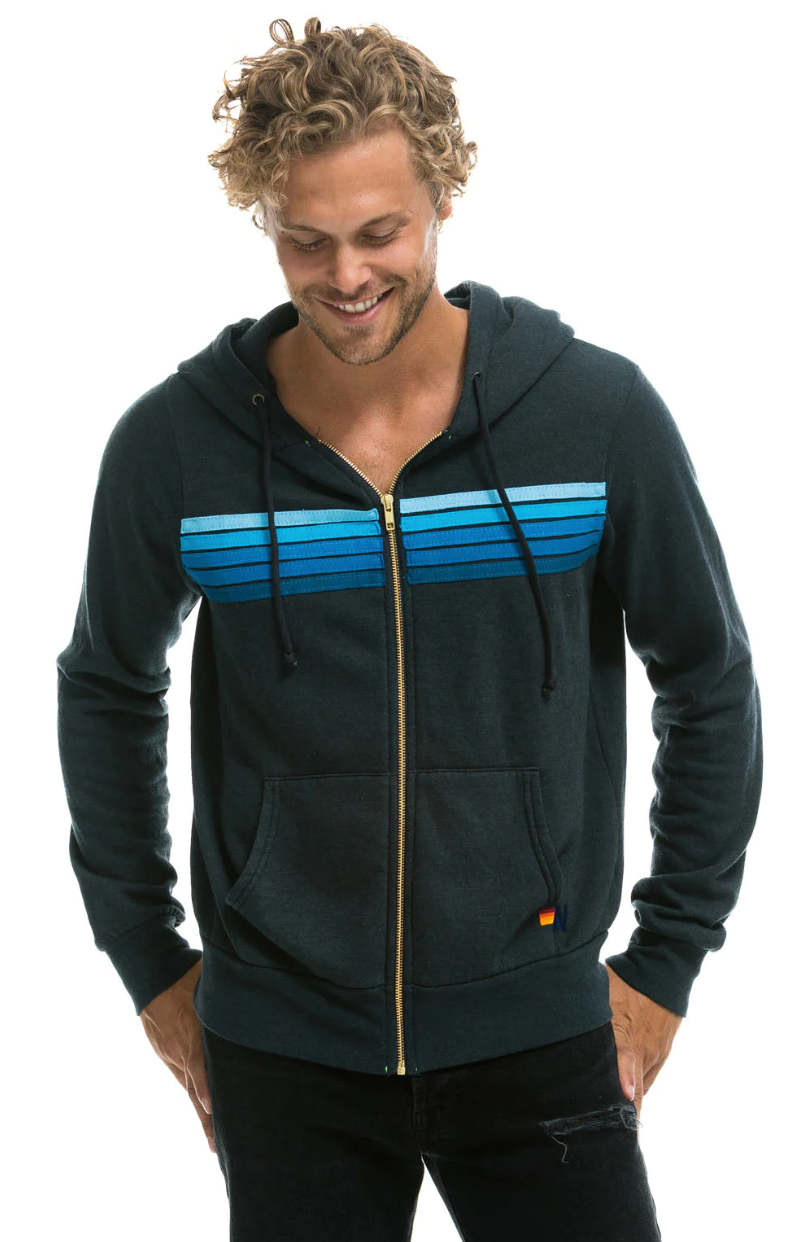 AVIATOR NATION MENS 5 STRIPE MENS ZIP HOODIE - CHARCOAL/BLUE