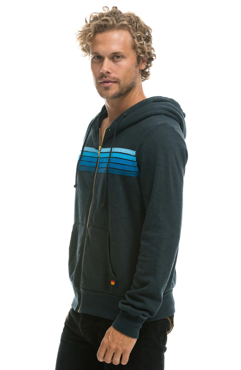 AVIATOR NATION MENS 5 STRIPE MENS ZIP HOODIE - CHARCOAL/BLUE