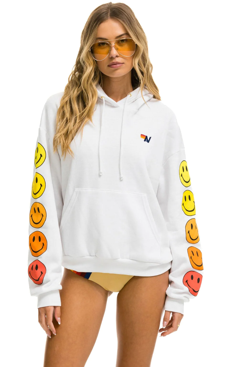 AVIATOR NATION WOMENS SMILEY SUNSET RELAXED PULLOVER HOODIE - WHITE