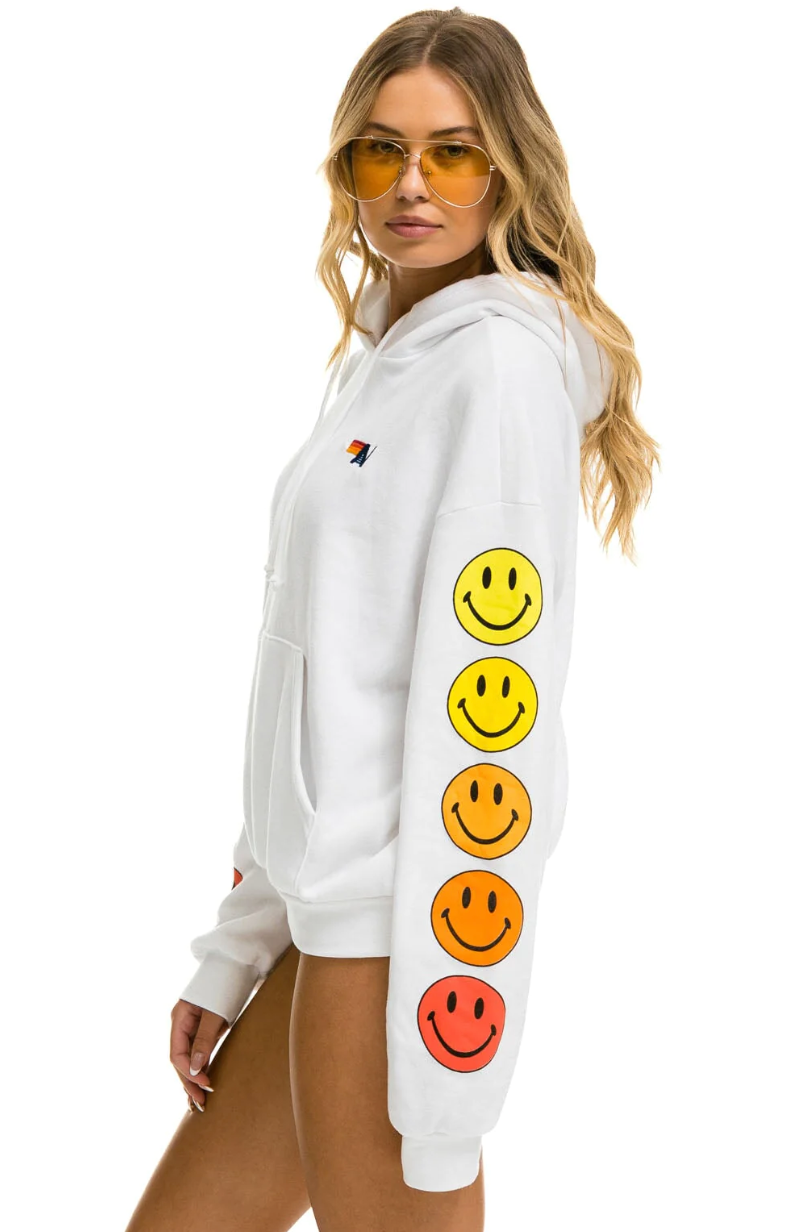 AVIATOR NATION WOMENS SMILEY SUNSET RELAXED PULLOVER HOODIE - WHITE