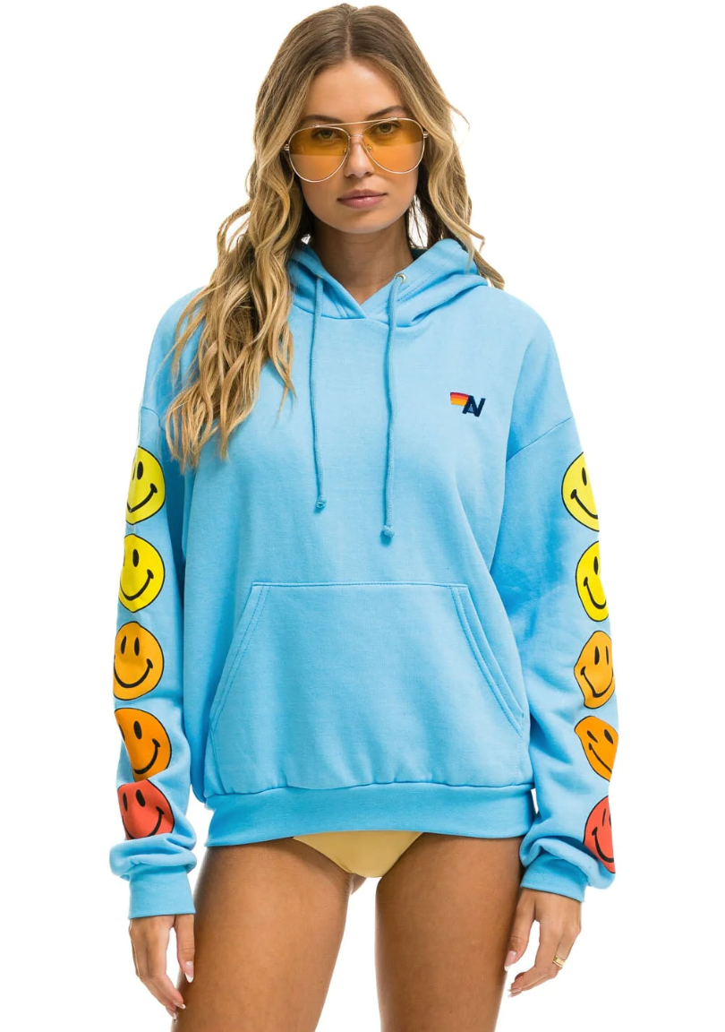 AVIATOR NATION WOMENS SMILEY SUNSET RELAXED PULLOVER HOODIE - SKY