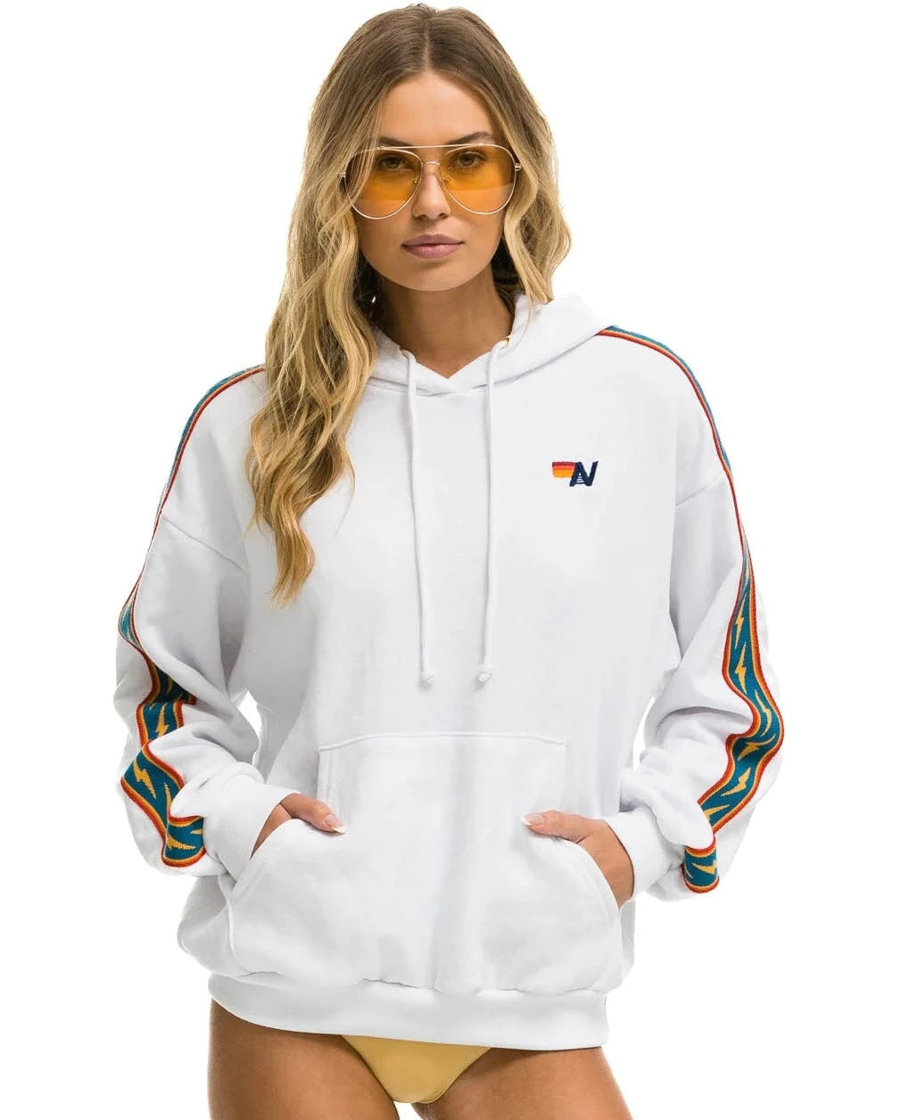 AVIATOR NATION WOMENS BOLT STRIPE RELAXED PULLOVER HOODIE - WHITE