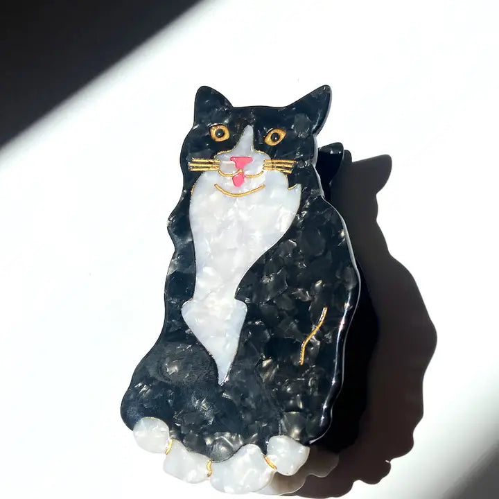 HAND PAINTED TUXEDO CAT CLAW HAIR CLIP