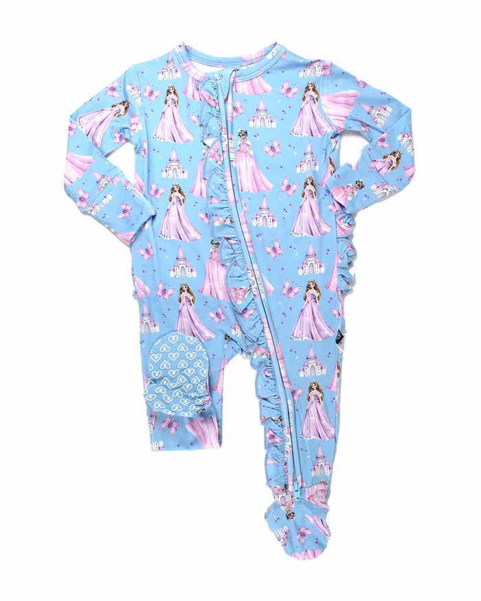 BABY GIRL PRINCESS CASTLE RUFFLED ZIPPERED FOOTIE