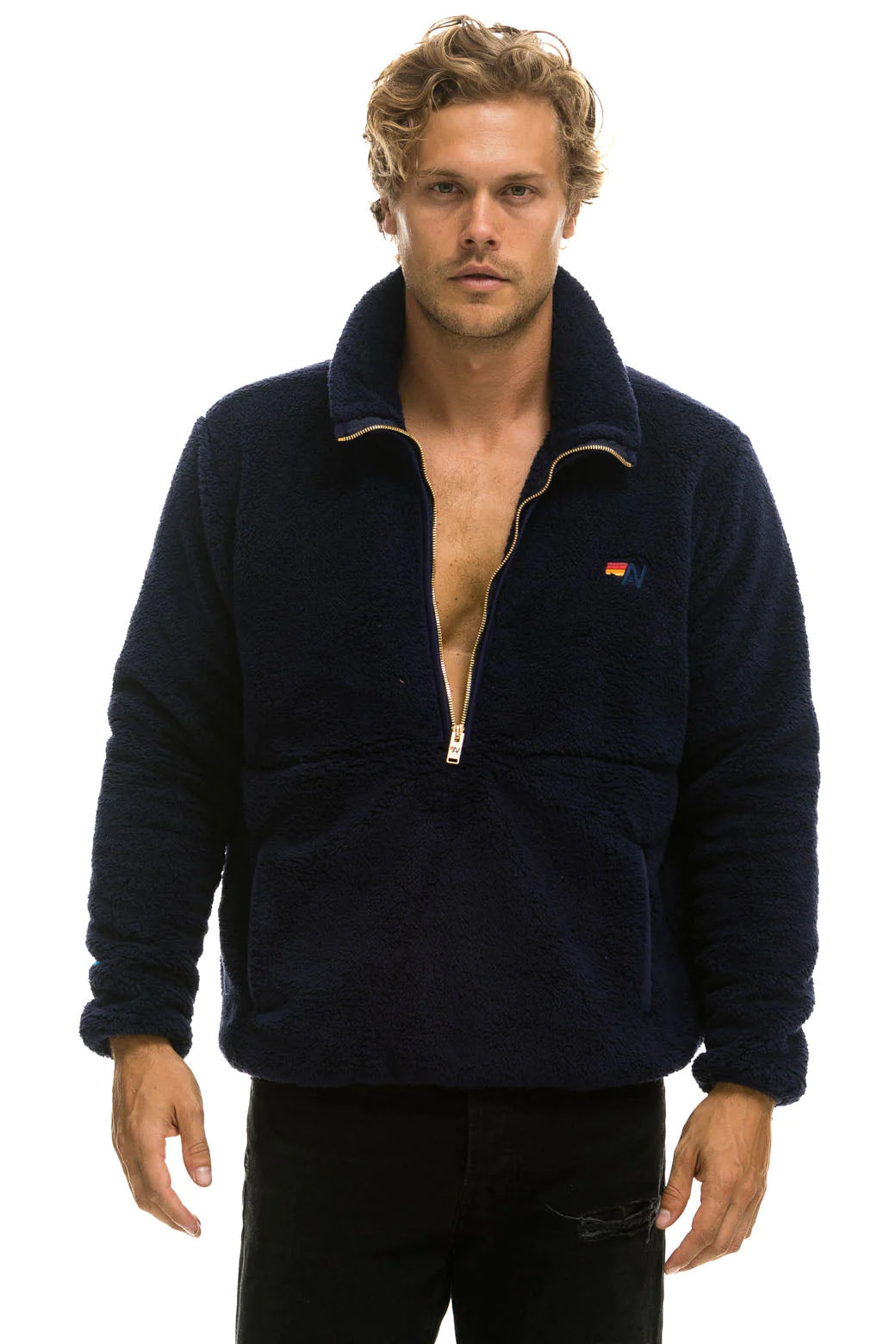 Aviator Nation Teddy Unisex Half Zip Jacket Blue Cina S