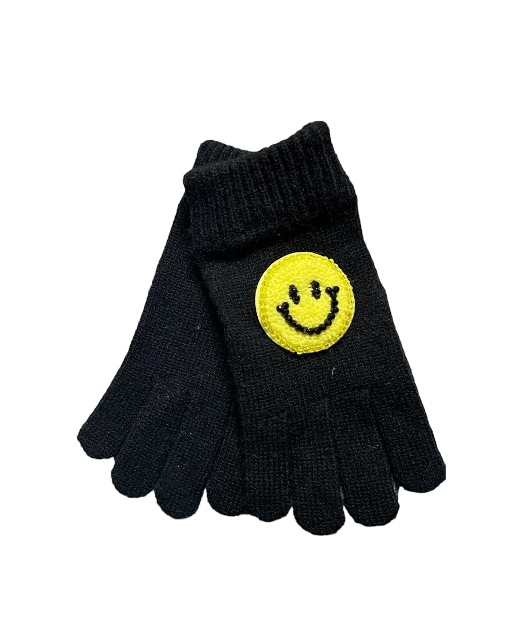 YELLOW HAPPY FACE PATCH BLACK GLOVES