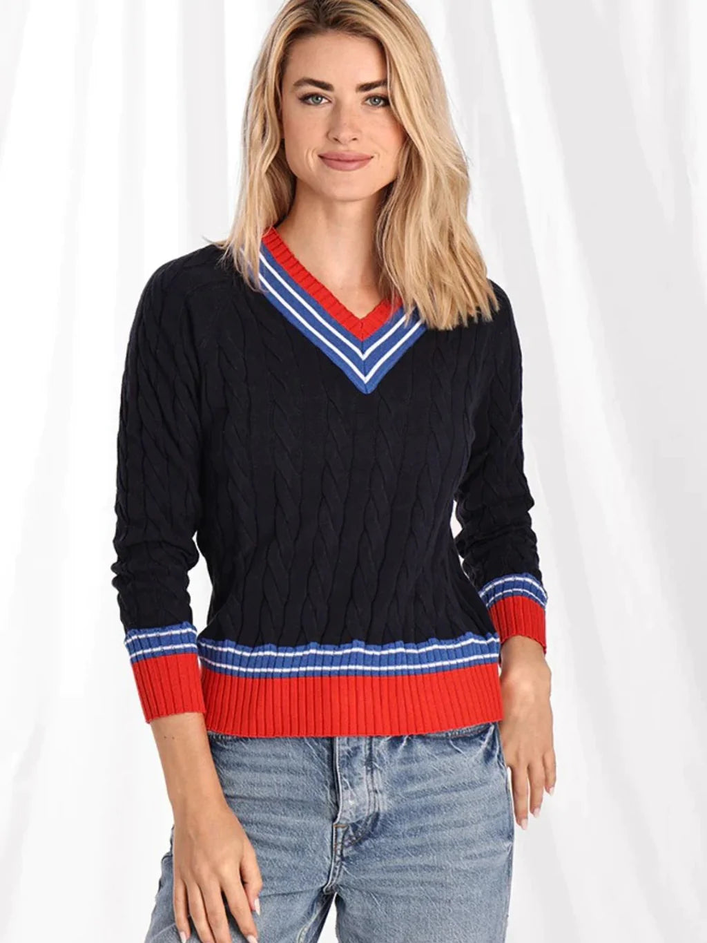 NAVY COTTON CABLE V-NECK STRIPED SWEATER